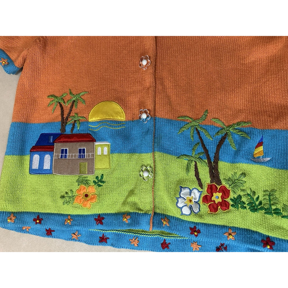 Breckenridge Vintage Beach Embroidered Cardigan Sweater Spring Orange Cottage M - Picture 3 of 11